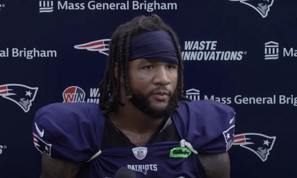 New England Patriots outside linebacker Oshane Ximines speaks to the media during 2024 training camp